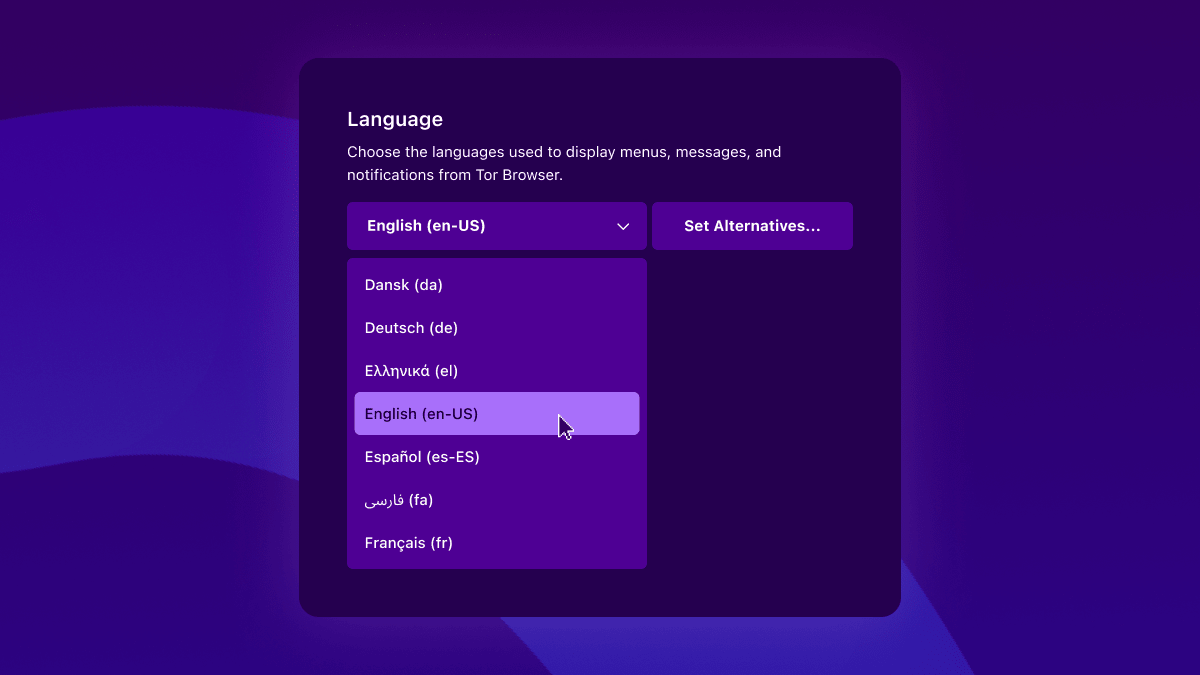 Paraqitje e menusë së përdorur për përzgjedhjen e gjuhës së ndërfaqes te Shfletuesi Tor 12.0