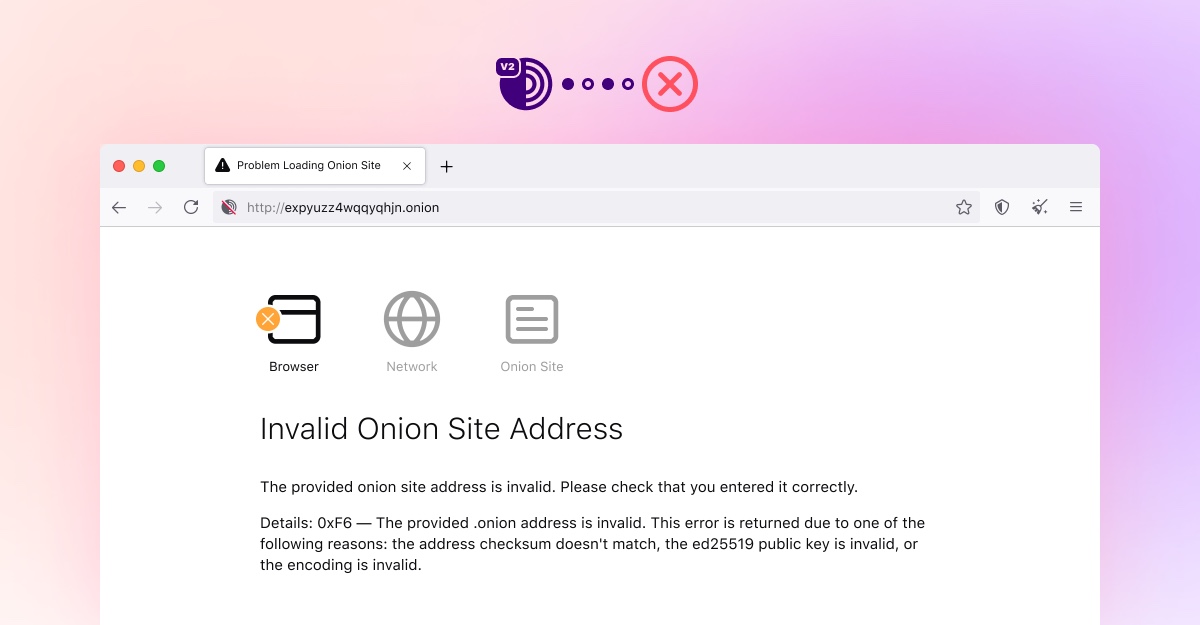 خطای نشانی وب‌سایت Onion نامعتبر ناشی از منسوخ شدن نسخهٔ ۲
